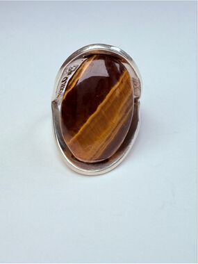 Modernist "The Eye" Tiger Eye 925 Sterling Silver Jensen Vintage MCM Ring Mexico